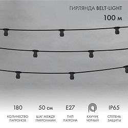 Гирлянда Belt-Light 2 жилы, 100м, шаг 50см, 180 патронов E27, IP65, черный провод NEON-NIGHT 331-213