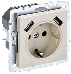 BRITE Розетка 1-местная с заземлением с защитными шторками 16А с USB A+A 5В 2,1А РЮш10-1-БрКр бежевый IEK BR-R14-16-U21-D21-K10