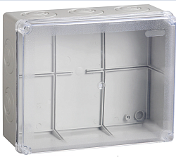 Коробка распаячная КМ41277 для открытой проводки безгалогенная (HF) 240х195х165мм с прозрачной крышкой IP44 5 вводов RAL 7035 IEK UKO10-240-195-165-K51-44
