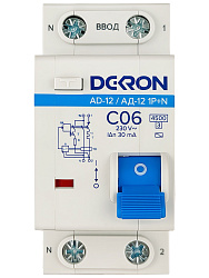 Автоматический выключатель дифференциального тока АД12 1P+N С06A АС30мА 4.5KA ad12-2-C06-30AC-dek