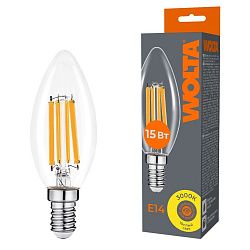 Светодиодная лампа WOLTA Filament, AC 220-240В, 50/60 Гц, прозрачное стекло, "Свеча", C35, E14, 15 Вт, 1200 лм, 3000 К, 1/10/100 WF-C35-15W3KE14