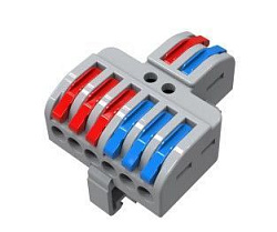 Клемма СМК 2х3D проходная разветвительная 2 полюса на DIN-рейку (0,08-4 мм²) (1 ввод, 3 вывода на полюс) серая (25 шт/уп) REXANT 07-5281