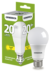 Лампа светодиодная A60 груша 20Вт 230В 3000К E27 GENERICA LL-A60-20-230-30-E27-G