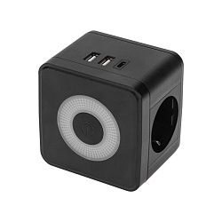 Двойник электрический Куб 16А с/з + 2хUSB-A 2,4А + USB Type-C 3А с ночной подсветкой, черный REXANT 
