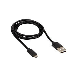 Кабель USB-A – micro USB, 2А, 1м, в черной металлической оплетке REXANT 18-4241