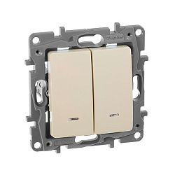 ETIKA Выключатель 2-клавишный с подсветкой/индикацией схема 5L 10АХ безвинтовые зажимы слоновая кость 672304