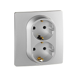 ETIKA Розетка 2-местная с заземлением без защитных шторок 16А в сборе алюминий 672423