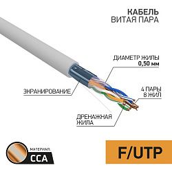 Кабель витая пара омедненный, F/UTP, CCA, CAT 5e, PVC, 4PR, 24AWG, INDOOR, SOLID, серый, 25м PROconnect 01-0142-3-25