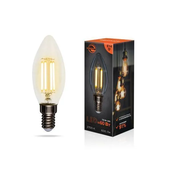 Лампа филаментная Свеча CN35 7,5Вт 600Лм 2700K E14 диммируемая, прозрачная колба REXANT - Фото 2
