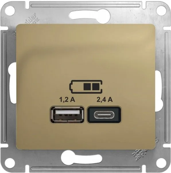 Розетка USB Glossa тип A+C 5В/2.4А 2х5В/1.2А механизм титан SE GSL000439 - Фото 2