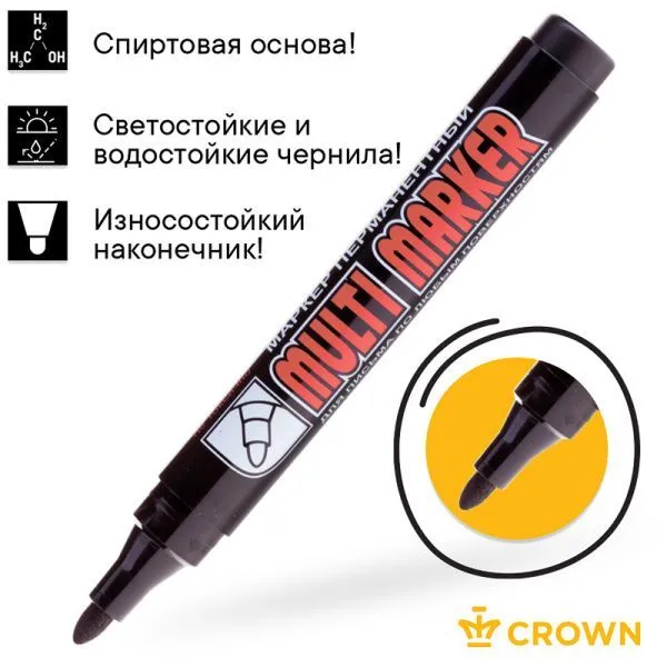 Маркер перманентный Multi Marker 3мм, черный, пулевидный Crown - Фото 6