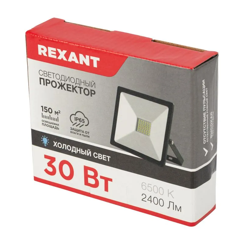 Прожектор светодиодный 30 Вт 200–260 В IP65 2400 Лм 6500 K, холодный свет REXANT + опора на грунте 605-100 - Фото 3