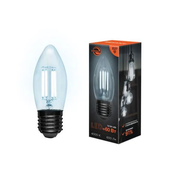 Лампа филаментная Свеча CN35 7,5Вт 600Лм 4000K E27 диммируемая, прозрачная колба REXANT - Фото 2