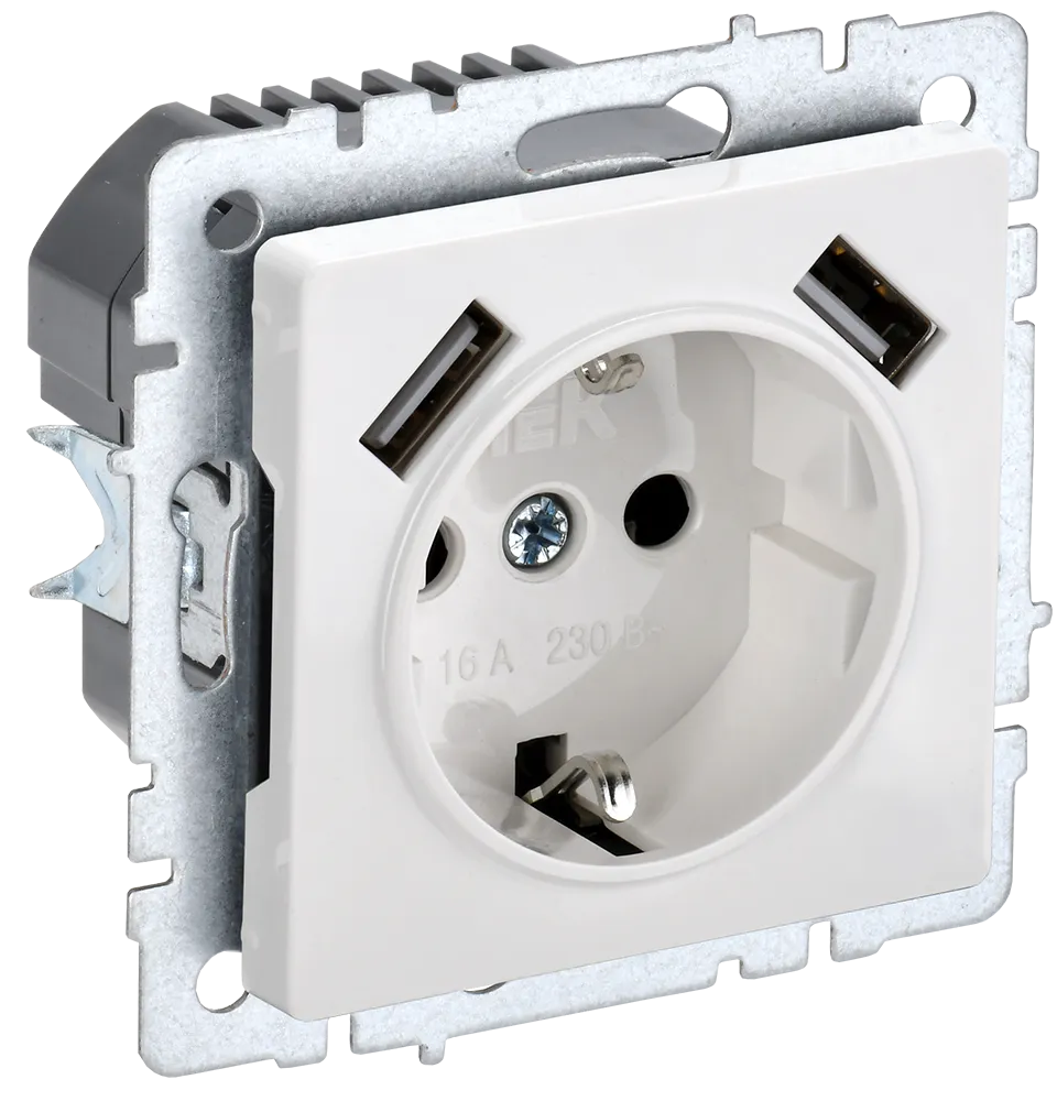 BRITE Розетка 1-местная с заземлением с защитными шторками 16А с USB A+A 5В 2,1А РЮш10-1-БрБ белый IEK