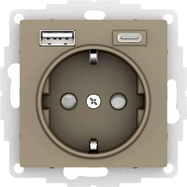 Розетка AtlasDesign 16А с 2-мя заряд. устройствами USB тип A+C 5В/2.4А/3.0А 2х5В/1.5А механизм шампа