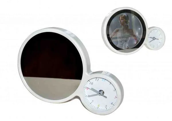 Зеркальная фоторамка, встроенные часы, размер 20.5x6.1x2.9см, цвет белый