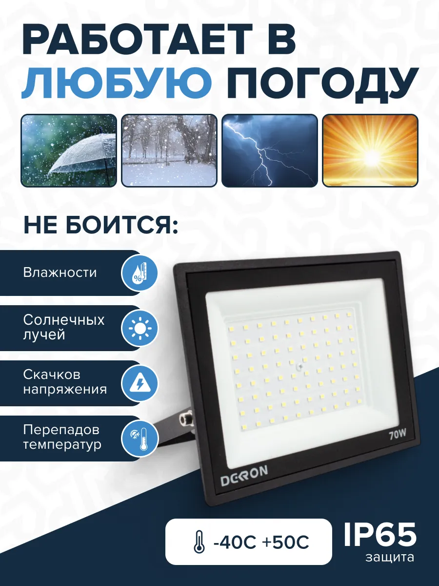 Прожектор светодиодный 70Вт, 5600лм, 6500K, черный, IP65  - Фото 8