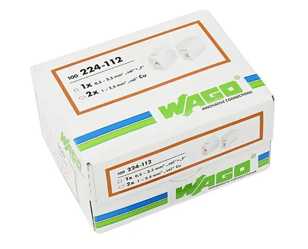224-112 Клемма для осветительного оборудования  (1,0-2,5)X2/(0,5-2,5) мм², белая (100 шт./уп.) WAGO